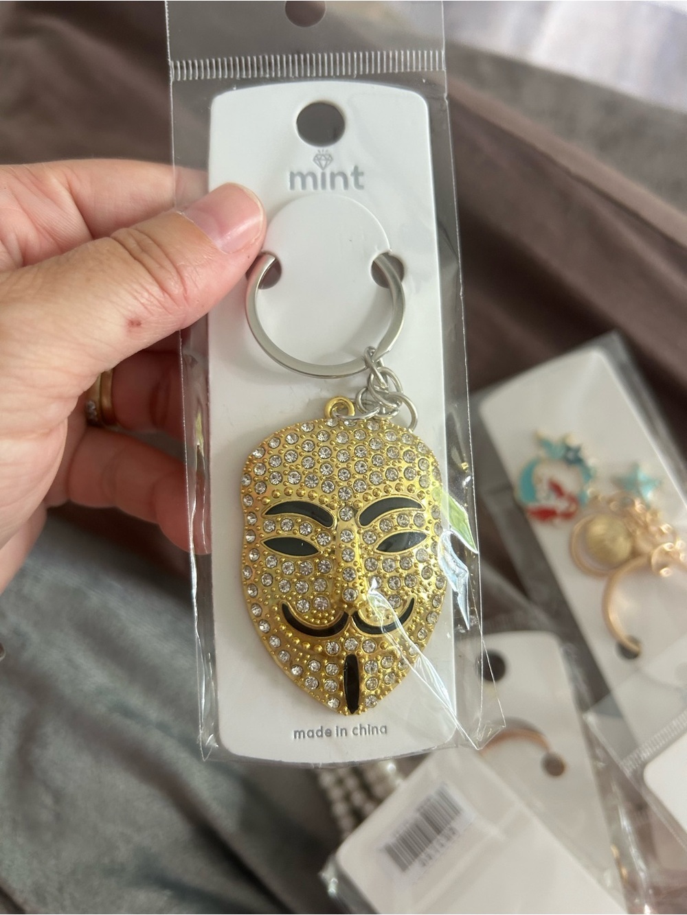 4/$50 mint Gold Crystal Mask Keychain - Gold Keyring Accessory